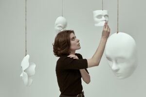 Personality disorder assessment concept with masks showing identity and behavior patterns.