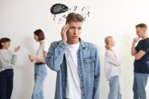 Adult standing apart from a social group, illustrating autism masking in adults and the effort to navigate social situations.